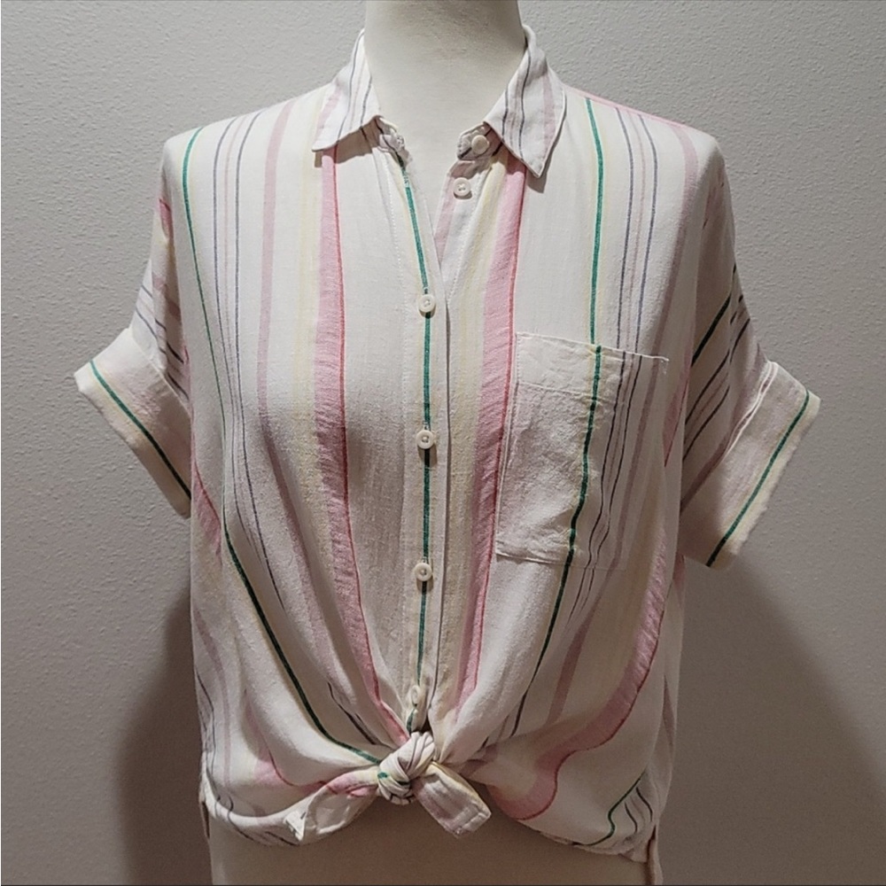 MADEWELL WHITE LINEN SHORT SLEEVE BUTTON DOWN TOP WOMENS  COLLAR STRIPE SHIRT XS
